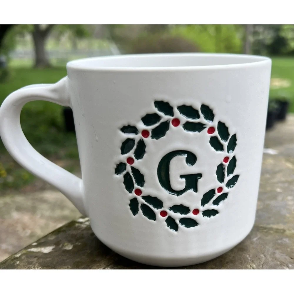 Pottery Barn Holiday Monogram Initial G Holly Wreath Coffee Mug White Green Red‎
